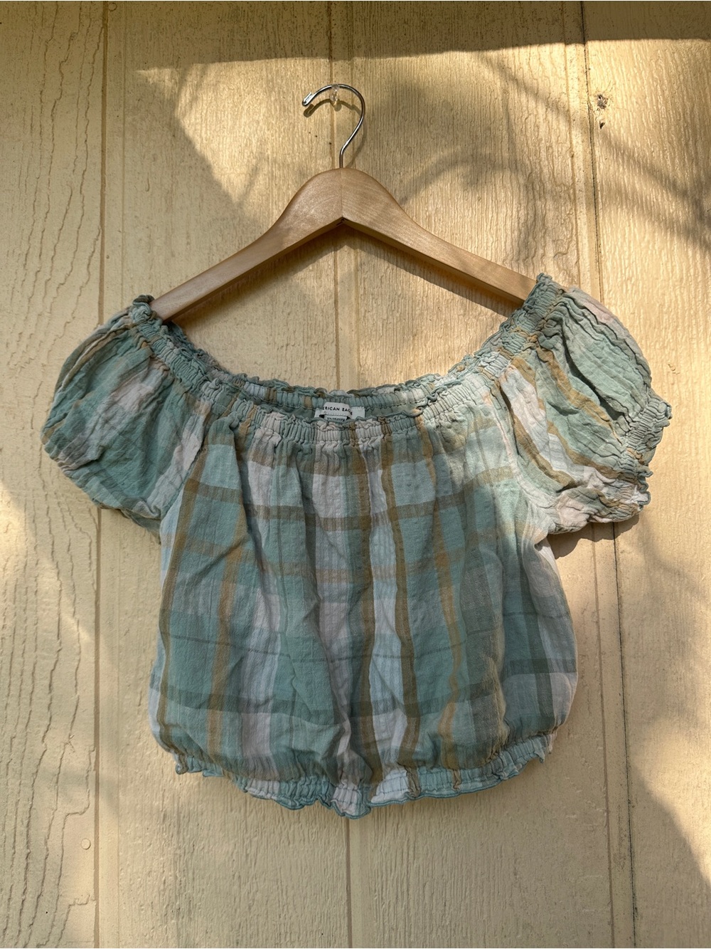 American Eagle Outfitters Sage, Cream & Tan Plaid Off-Shoulder Crop Top